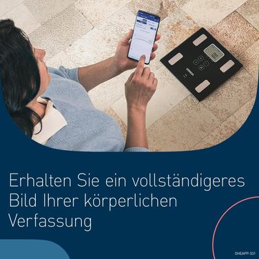 OMRON VIVA – розумні ваги-аналізатор складу тіла з Bluetooth, додатком, вимірюванням жиру, ваги, вісцерального жиру, м’язової маси, базального метаболізму та ІМТ; для 4 користувачів, тонометр з Bluetooth; рейтинг 'Добре' 10/24 від Stiftung Warentest