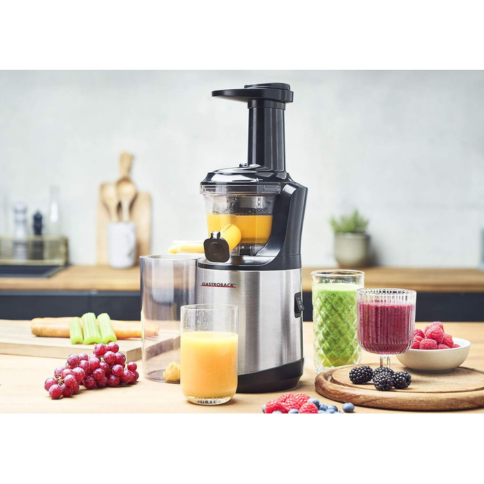 Соковижималка GASTROBACK Slow Juicer Advanced Vital, чорна, срібляста, повільного віджиму, для овочів і фруктів