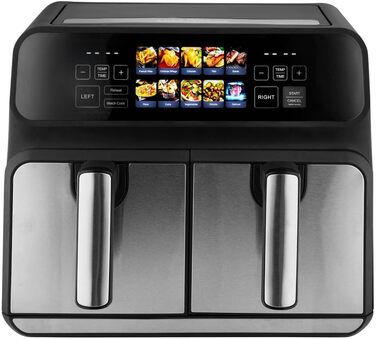 Аерофритюрниця ProfiCook 8 л з двома камерами, 2200 Вт, подвійна, без олії, кольоровий дисплей, модель 2024, чорна-нерж.