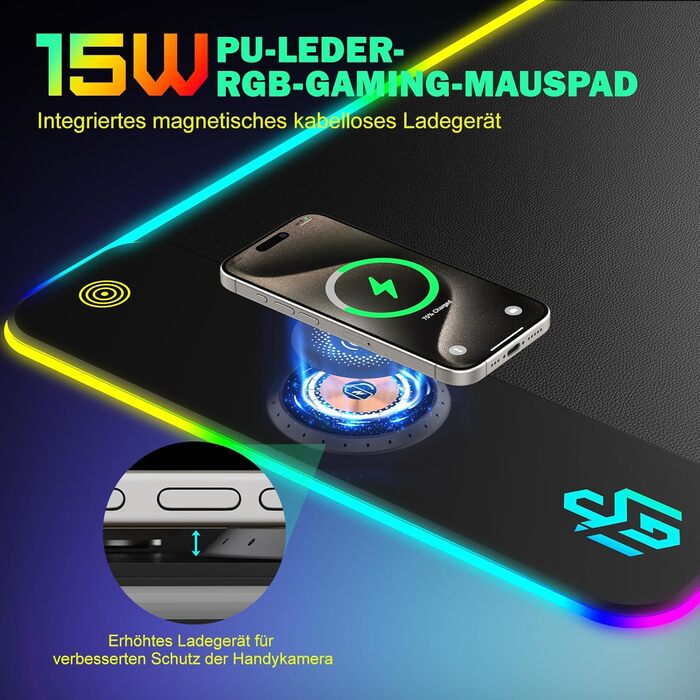 Ігрова підставка для миші RGB з бездротовою зарядкою Qi 15W, LED-підсвічування, 10 режимів, водонепроникна, протиковзна, для геймінгу, ПК, офісу (чорний PU)