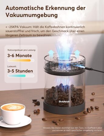 OUTPEAK Neo 2025 Kilo Auto-Vakuum-Kaffeedose: Контейнер для кави з авто-вакуумним насосом, 1,5 л, для 500 г кавових зерен, з кнопкою, з нержавіючої сталі, для бариста, подарунок (великий, матовий чорний)