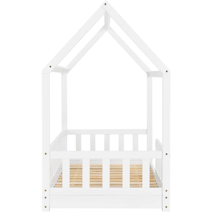 Дитяче ліжко Juskys Marli 80x160 см з бортиком, ламельною основою та дахом, будиночок з масиву дерева, біле
