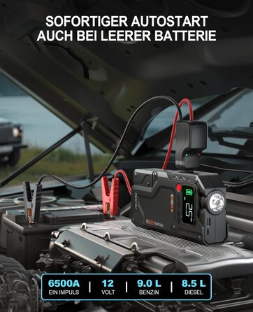 Powerbank з компресором Starthilfe 6500A: автостартер 12V для легкових автомобілів з повітряним насосом, бустер-акумулятор (для 9.0L бензину/8.5L дизеля) з пусковими кабелями, LED ліхтар 500 люмен (чорний), піковий струм 6500A