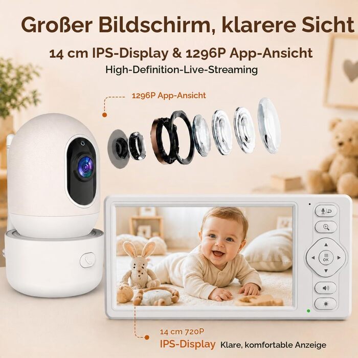 Відеоняня HelloBaby з WiFi та камерою: монітор з нічним баченням, датчиком руху, двостороннім аудіо та керуванням через додаток (5.5 дюймів, білий)