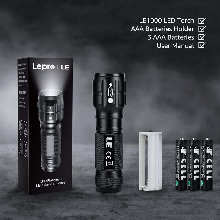 LED ліхтар LE, водонепроникний, з фокусуванням, надяскравий, портативний, для туризму, кемпінгу, чоловіків, жінок і дітей, чорний, 2 шт.