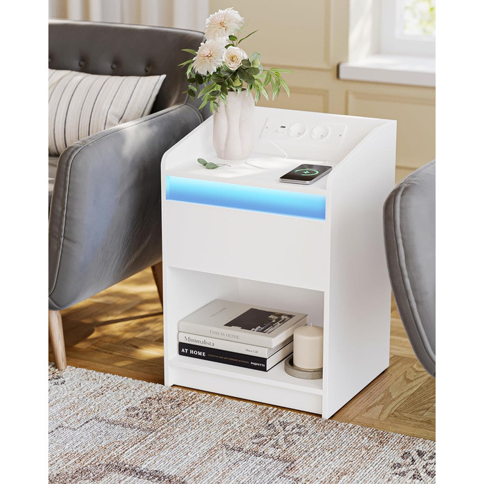 Тумба приліжкова Hzuaneri з LED-підсвіткою, USB, розетками, шухлядою та відкритою полицею, біла, для спальні та вітальні