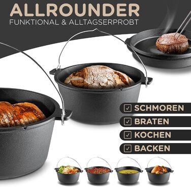 Чавунний казан JAXX Roadhouse Original Dutch Oven (9л) з кришкою, піднімачем та сумкою для перенесення, для відкритого вогню та плити
