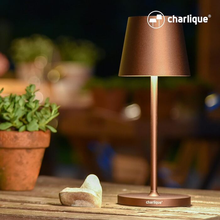 Світильник charlique® LED акумуляторний настільний міні (коричневий), 28 см – бездротова лампа з USB, тепле світло, для дому та вулиці, водостійка для балкона, тераси й саду