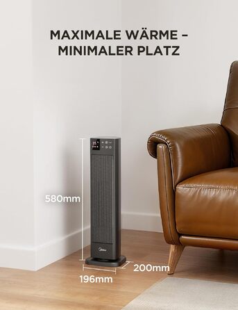 Керамічний обігрівач Midea NTH20-22GR(WH) 2000Вт з пультом, термостатом та таймером на 24г, ECO-режим, осциляція 75°, сірий