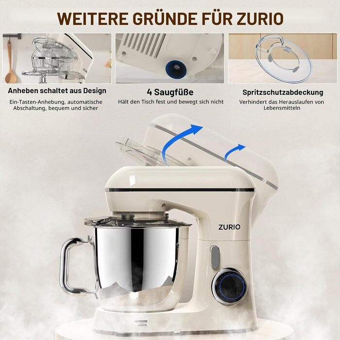 Планетарний міксер Zurio 1300W, чаша 5.5л, кухонна машина з 10 швидкостями та функцією тихого замішування, колір Cream