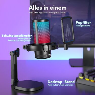 Ігровий USB мікрофон MAONO DGM20 з шумозаглушенням, конденсаторний для стрімінгу, подкастів, студії, сумісний з ПК, PS5/PS4, Mac, RGB-підсвітка, сенсорне вимкнення, регулятор гучності