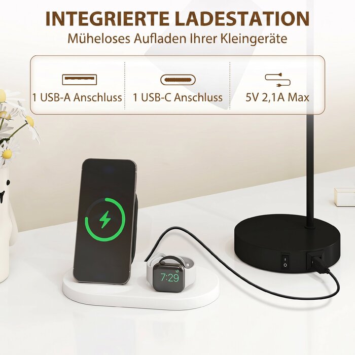 Набір настільних ламп (2 шт.), сучасні світильники з USB-A та USB-C портами для спальні, вітальні та офісу, чорні