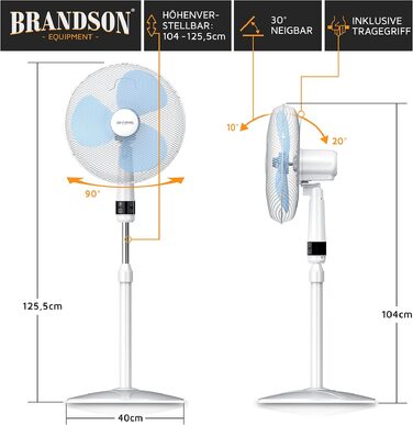 Вентилятор підлоговий Brandson 40 см, срібно-чорний, з пультом, 3 швидкості, коливання 80°, високий потік повітря