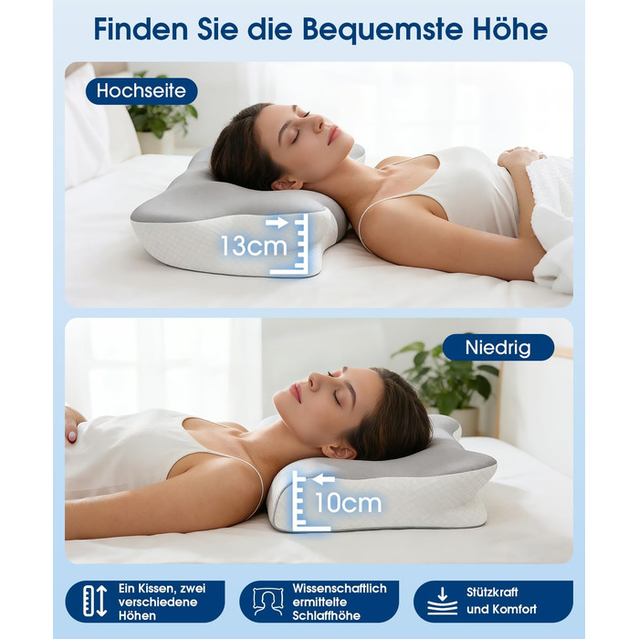 Ортопедична подушка для шиї "Метелик" з Memory Foam, ергономічна, з 2 знімними чохлами, проти болю в шиї, для тих, хто спить на боці, спині та животі, 2 рівня висоти
