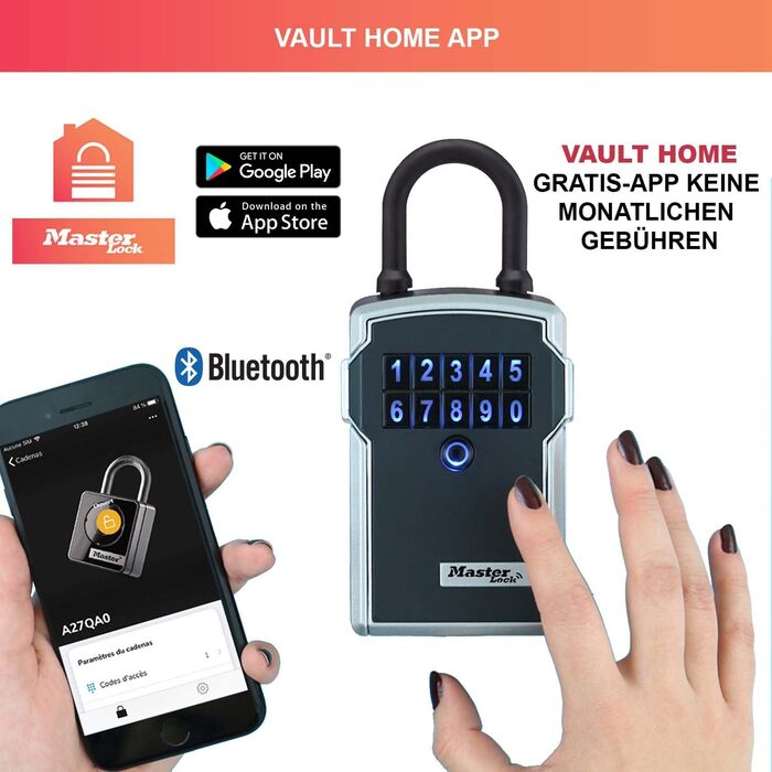 Розумний Bluetooth сейф-бокс для ключів Master Lock зі захистом військового стандарту, вуличний кодовий замок, 12.7 x 8.3 x 5.9 см