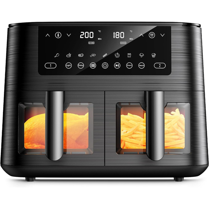 Аерофритюрниця з двома камерами та вікном перегляду 9л, Airfryer 9-в-1 з сенсорним керуванням, антипригарне покриття, для здорового приготування без олії