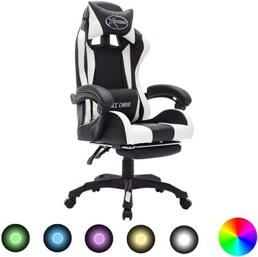 Ігрове крісло vidaXL з RGB LED-підсвіткою, підніжкою, регульованою висотою, для офісу, комп'ютера, спортивний дизайн, біло-чорне, екошкіра