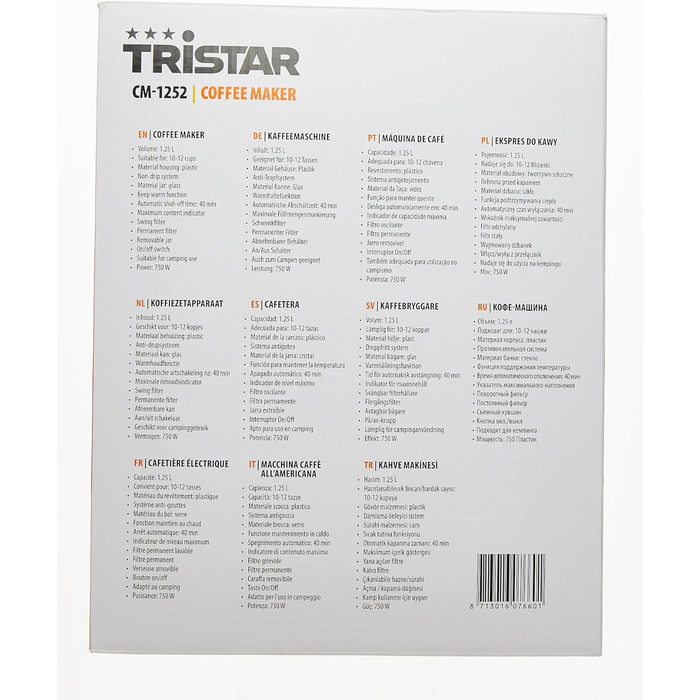 Кавоварка Tristar CM-1252, 1,25 л, 10-12 чашок, для дому і кемпінгу, біла