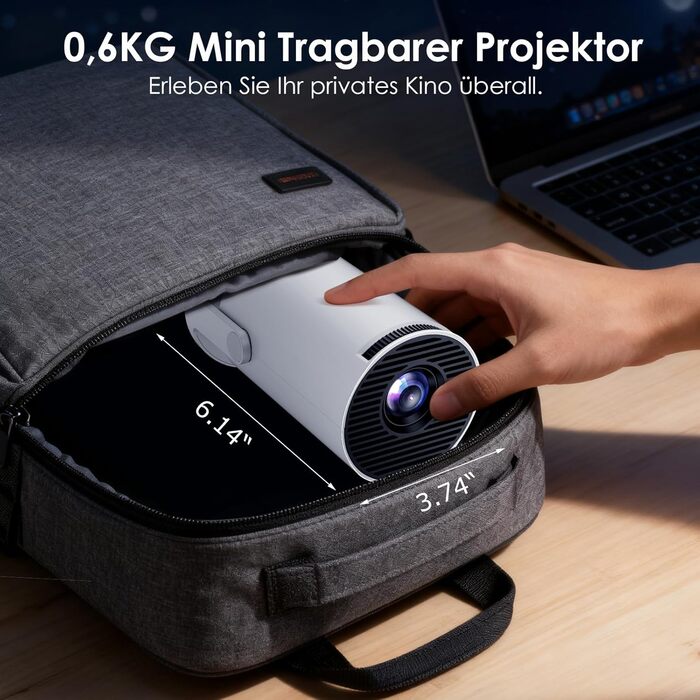 Портативний міні-проектор WOLFANG 1080P з WiFi 6, Bluetooth 5.4 та вбудованими додатками, автокоррекція трапецієподібних викривлень, підставка 180°, для дому та кінотеатру
