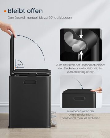 Сортувальний смітник SONGMICS HOME для кухні, 3×15 л, з кришками, кольоровими педалями та внутрішніми контейнерами, чорний сталь