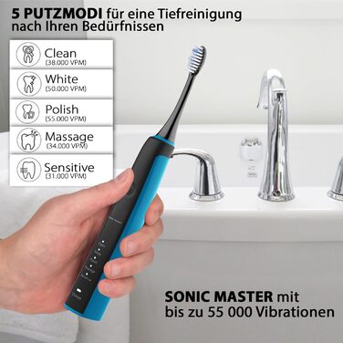 Електрична зубна щітка Tristan Auron SonicMaster (Блакитна) - 6 голів + чохол - 5 режимів, 55000 VPM, таймер 2 хв, 100 днів гарантії