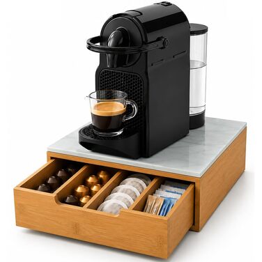 Тримач для кавових капсул BAKAJI з шухлядою з бамбукового дерева для Nespresso, Dolce Gusto, Modomio, Lavazza, чайних пакетів та цукру, білий (31,5 x 30 x 10 см)