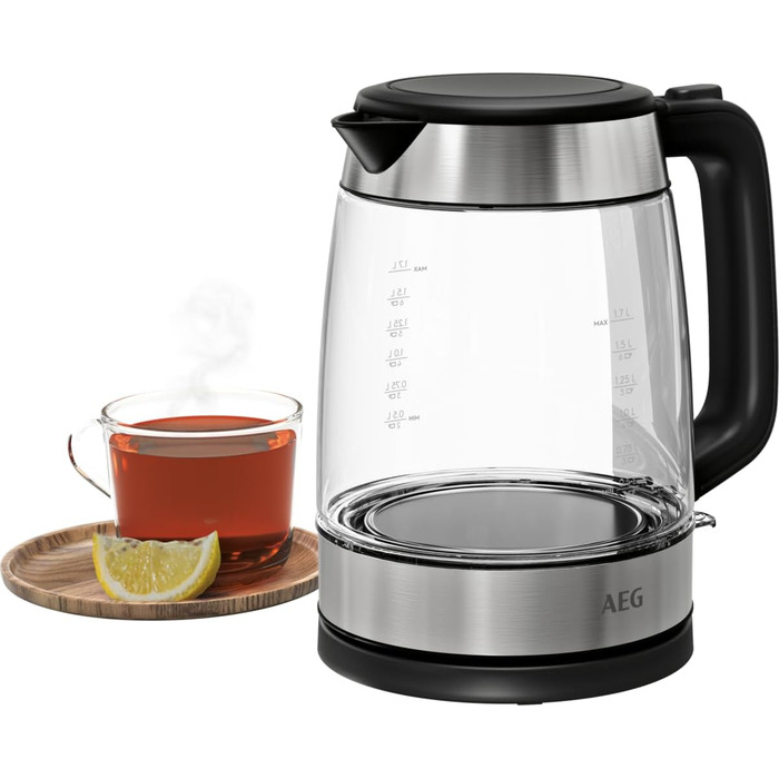 Електрочайник скляний AEG GK4-1-4GB, 2200 Вт, 1,7 л, знімний фільтр, індикатор рівня води, автовідключення, відкривання однією рукою