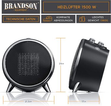 Керамічний електрообігрівач Brandson 1500 Вт для ванної, з терморегулятором, 2 режими, захист від перегріву і перекидання