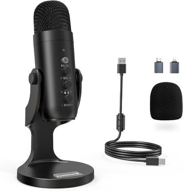 Zealsound USB конденсаторний мікрофон для ПК, смартфонів, PS4/PS5, подкастів, стрімінгу, запису, ASMR, з функціями Mute, Gain, Echo, адаптером для телефону, сумісний з Mac і Windows