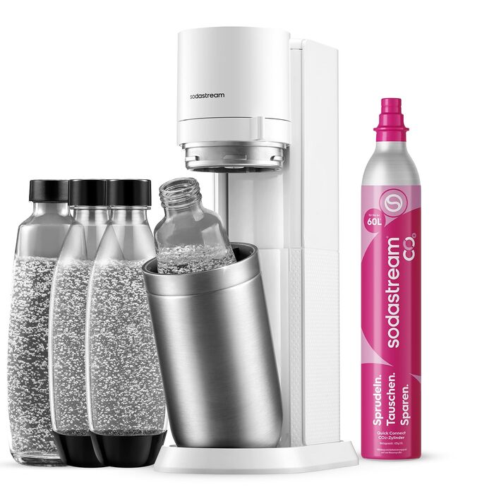 Сифон для води SodaStream Duo Family Pack: з CO2-циліндром, 2 скляними та 2 пластиковими пляшками по 1л (придатні для ПММ), білий, висота 44 см
