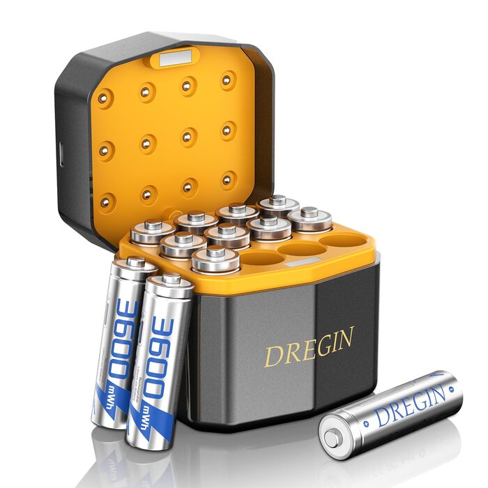 Набір акумуляторів AA Li-ion 1.5V 3600mWh (12 шт.) з зарядним пристроєм, високої ємності, 2000 циклів зарядки, сріблясті