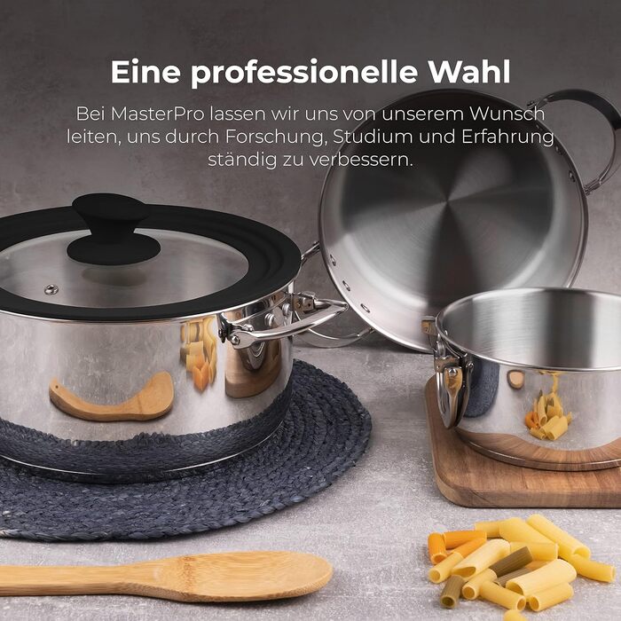 Набір каструль MasterPro Foodies з нержавіючої сталі, 4 предмети (16, 20, 24 см) з скляною кришкою, підходить для всіх типів плит