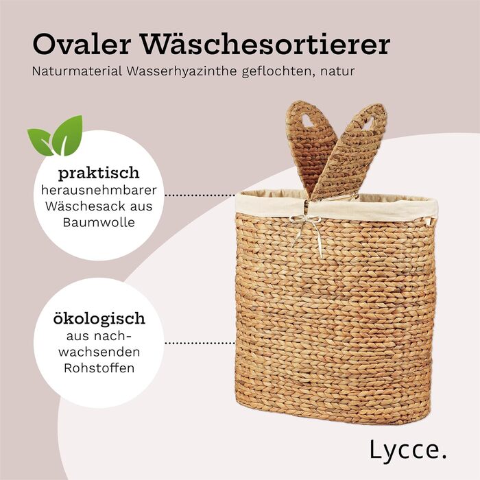 Кошик для білизни Lycce з водяної гіацинти, 46 л, 2-секційний, овальний, з кришкою та металевим каркасом, для ванної та спальні