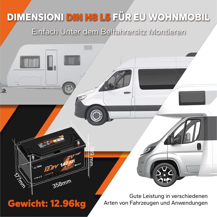 LiFePO4 акумулятор LiTime 12V 140Ah H190 з Bluetooth для кемпера та автобудинку, літієва батарея