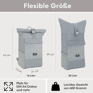 Рюкзак LARKSON Rolltop для жінок і чоловіків, з відділенням для ноутбука, універсальний для роботи, навчання, подорожей, велосипеду, водовідштовхувальний, сірий, великий розмір