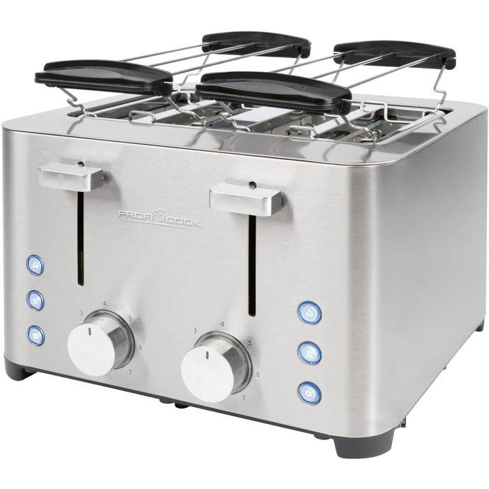Тостер ProfiCook 4-слотовий, нержавіюча сталь, 1500 Вт, широкий слот, підставка для булочок, 7 режимів підсмажування, зйомна крихтова підставка, PC-TA 1252
