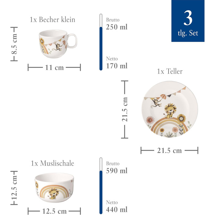 Набір дитячого посуду Villeroy & Boch Boho Kids 'Roar like a lion' (3 шт.) Бежевий, для миття в посудомийній машині, з мікрохвильовкою, з зображенням лева та мавпи, преміум-посуд
