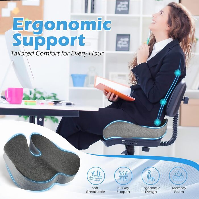 Подушка для офісного крісла Lofty Aim з Memory Foam: ергономічна, для куприка, при болях в спині та сідницях, для офісу, авто, літака, інвалідного візка – чорний та сірий