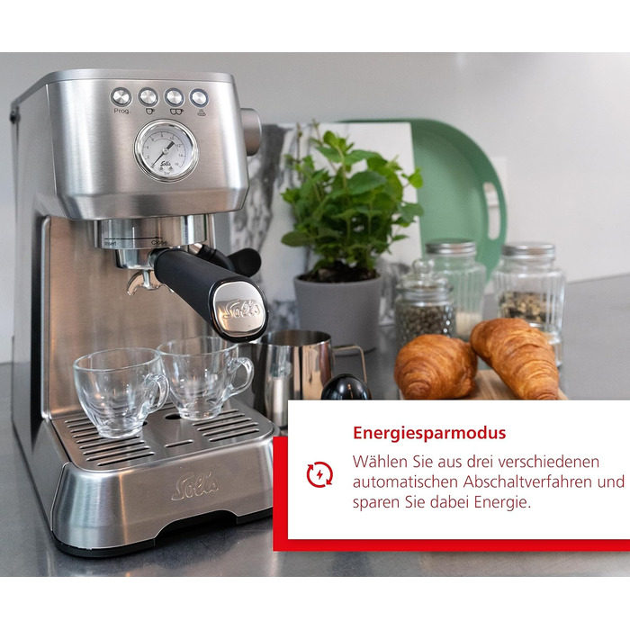 Кавомашина Solis Barista Perfetta Plus V2, напівавтоматична, з капучинатором, програмована, знімний резервуар для води, функції гарячої води та пари, срібляста