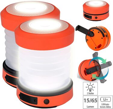 Набір з 2 складних LED кемпінгових ліхтарів Semptec з динамо-ручкою, 65 люмен, бездротові, для туризму та кемпінгу