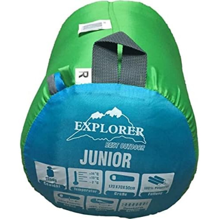 Дитячий спальний мішок EXPLORER JUNIOR 170x70x50 см мумія для кемпінгу, зелено-синій