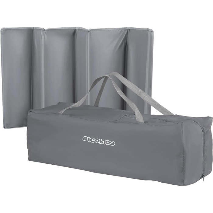 Дитяче ліжечко-манеж Ricokids, складане, 125x65x78 см, 15 кг, з матрацом, колесами з гальмами, знімний боковий вхід, сіре