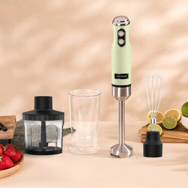 Блендер Cecotec Power RetroGreen 1200MAX Cream&Crush, 1200 Вт, CrossBlades, 2 швидкості, набір аксесуарів, захист від бризок, для подрібнення та змішування, занурювальний, мийка в посудомийці