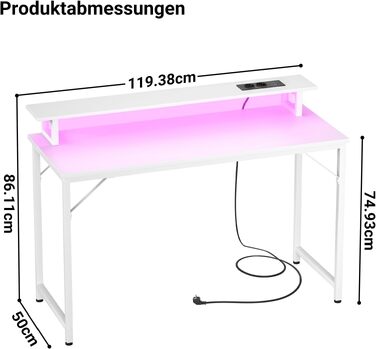 Комп'ютерний стіл iSunirm 120x50 см для геймінгу з RGB підсвіткою, розеткою та підставкою під монітор. Білий стіл для дому, офісу, спальні