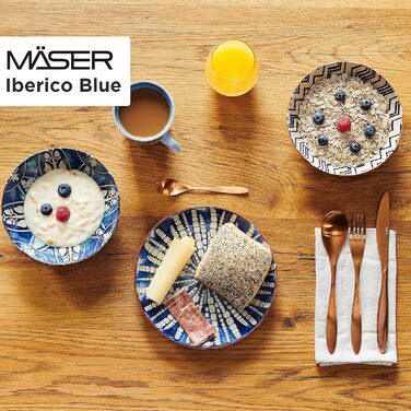 Сервіз обідній MÄSER Iberico Blue, 12 предметів, для 4 осіб, марокканський стиль, білі та сині тарілки зі візерунками, кам'яний посуд