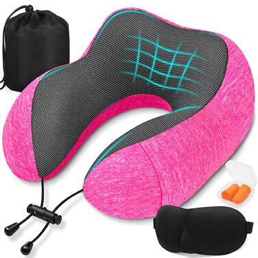 Подушка для подорожей під шию з ефектом пам'яті (Memory Foam) з 3D-маскою для сну та берушами, рожева — ідеальна для літака, авто та офісу