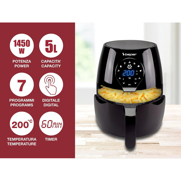 Аерофритюрниця BEPER P101FRI050, 5 л, сенсорна панель, 7 програм, без олії, 200°C, таймер 60 хв, автоматичне вимкнення, чорна