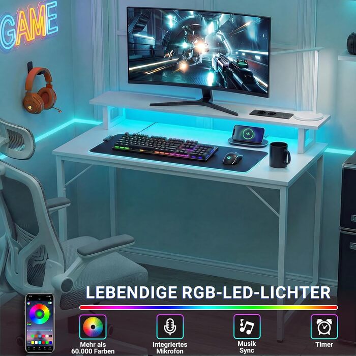 Комп'ютерний стіл iSunirm 100x50 см для геймінгу з RGB підсвіткою, розеткою та підставкою під монітор, білий