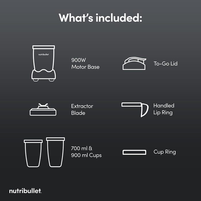Потужний блендер-екстрактор Nutribullet 900 Series (матовий сірий) для смузі та соків, 25 000 об/хв, набір 11 предметів з чашами To Go