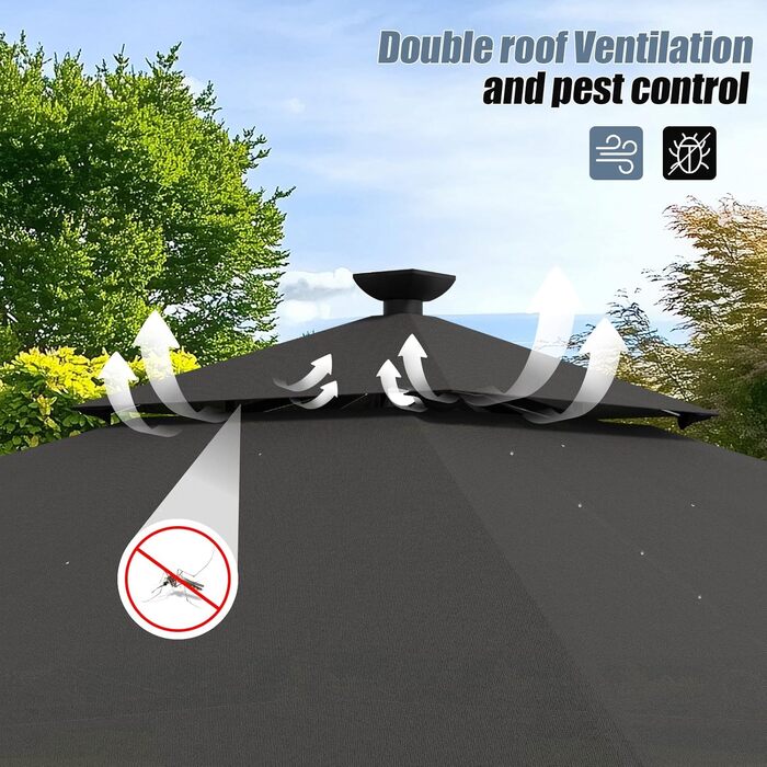 Альтанка садова Devoko 3x3 м, водонепроникна, зимова, з LED, сіра. Альтанка-пергола для вечірок 4-8 осіб, захист від UV 50+